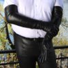 80 cm lange schwarze Herrenlederhandschuhe