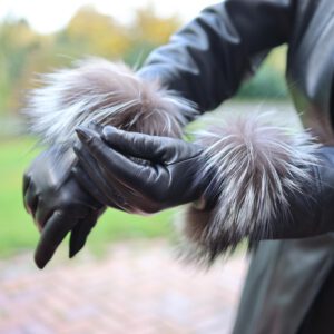 Schwarze Damen Lederhandschuhe mit naturfarbenem Silberfuchs markant am Handgelenk eingefasst.
